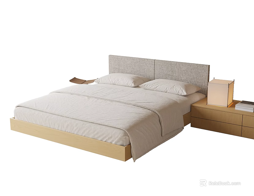 Modern Double Bed With Gray Headboard Wooden Frame White Sheets And Nightstand With Table Lamp 3d model 