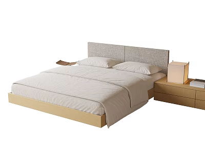 Modern Double Bed With Gray Headboard Wooden Frame White Sheets And Nightstand With Table Lamp 3d model