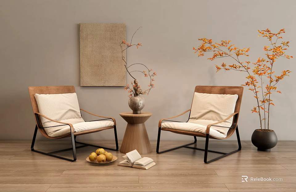 Modern Chairs And Table Set With Beige Cushions Wooden Table Decorative Vase Books And Fruit 3d model 