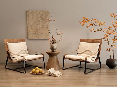 Modern Chairs And Table Set With Beige Cushions Wooden Table Decorative Vase Books And Fruit 3d model
