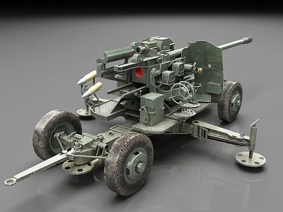 Green Military Towed Artillery With Large Barrel Wheels And Mechanical Parts 3d model