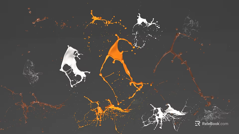 Abstract Art Style Decorative Ornament Set With Orange White Brown Paint Splatter On Gray Background 3d model 