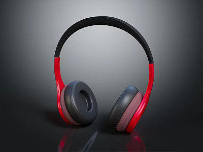 Modern Headphones with Black Headband and Red Black Ear Cups on Black Reflective Surface 3d model