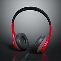 Modern Headphones with Black Headband and Red Black Ear Cups on Black Reflective Surface