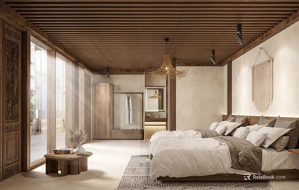 Minimalist Hotel Guest Room With Wooden Ceiling Large Windows And Rattan Chandelier 3d model 
