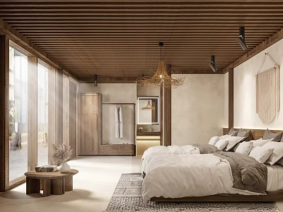 Minimalist Hotel Guest Room With Wooden Ceiling Large Windows And Rattan Chandelier 3d model