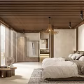 Minimalist Hotel Guest Room With Wooden Ceiling Large Windows And Rattan Chandelier