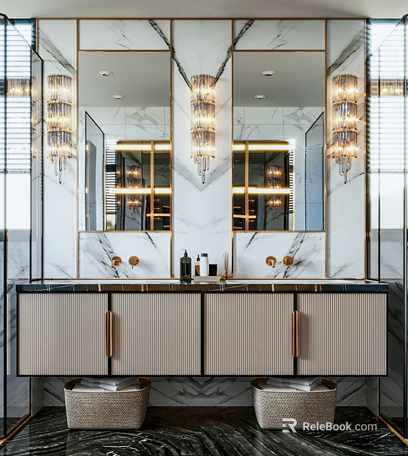 Modern Double Washbasin Vanity With Marble Counter Gold Fixtures And Crystal Chandeliers 3d model 