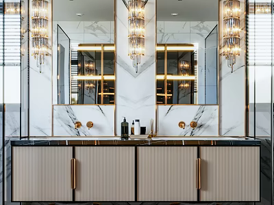 Modern Double Washbasin Vanity With Marble Counter Gold Fixtures And Crystal Chandeliers 3d model