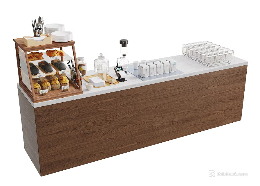 Dessert Shop Wooden Counter With Display Shelf Fresh Pastries Bread Coffee Machine And Glass Cups 3d model 