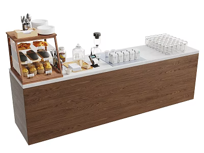 Dessert Shop Wooden Counter With Display Shelf Fresh Pastries Bread Coffee Machine And Glass Cups 3d model