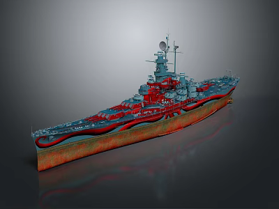 Detailed Warship Model With Red Blue Hull Deck Turrets And Antenna Structure 3d model