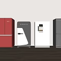 Various Modern Style Refrigerators With Different Colors And Designs On Wooden Floor Against White Wall
