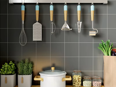 Kitchen Utensils With Wooden Handles Hanging On Gray Tiled Wall Near White Pot And Jars 3d model
