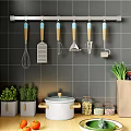 Kitchen Utensils With Wooden Handles Hanging On Gray Tiled Wall Near White Pot And Jars