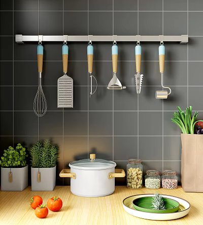 Kitchen Utensils With Wooden Handles Hanging On Gray Tiled Wall Near White Pot And Jars 3d model