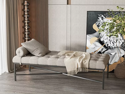 Modern Upholstered Bench In Living Room With Pillow Throw Blanket Artwork And Plant 3d model