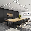 Modern Conference Room Interior With Long Wooden Table Black Chairs Green Plant And Window Blinds