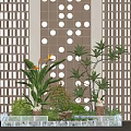 Indoor Landscape Featuring Wooden Lattice Background Dot Patterned Wall Rectangular Planter And Various Green Plants