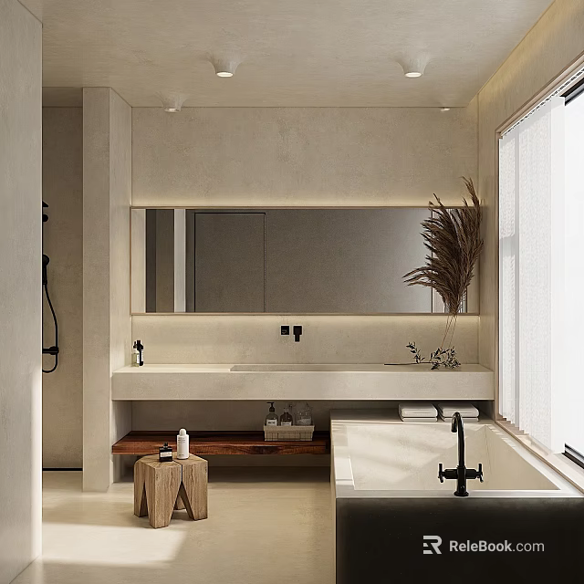 Modern Minimalist Bathroom Interior With Large Mirror Vanity Bathtub Wooden Stool And Pampas Grass 3d model 