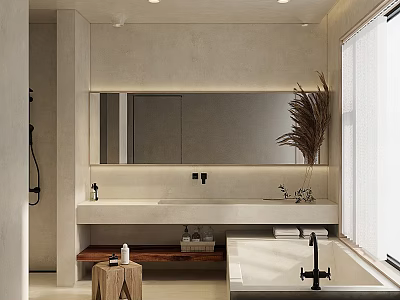 Modern Minimalist Bathroom Interior With Large Mirror Vanity Bathtub Wooden Stool And Pampas Grass 3d model