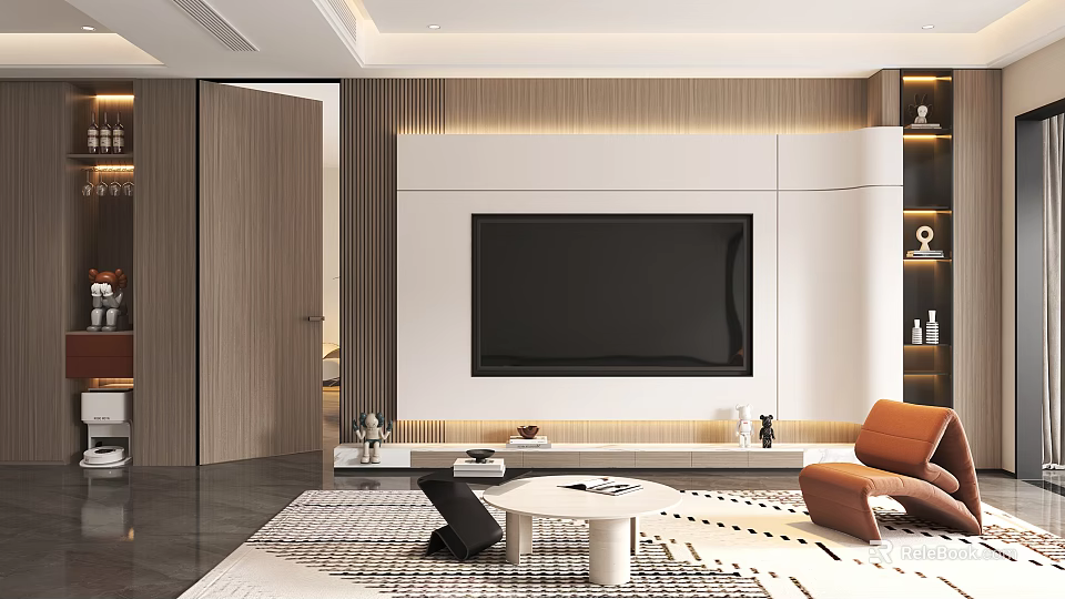 Modern Living Room Interior With White TV Wall Wooden Accents Orange Sofa And Coffee Table 3d model 