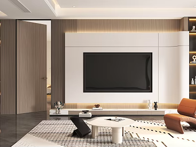 Modern Living Room Interior With White TV Wall Wooden Accents Orange Sofa And Coffee Table 3d model