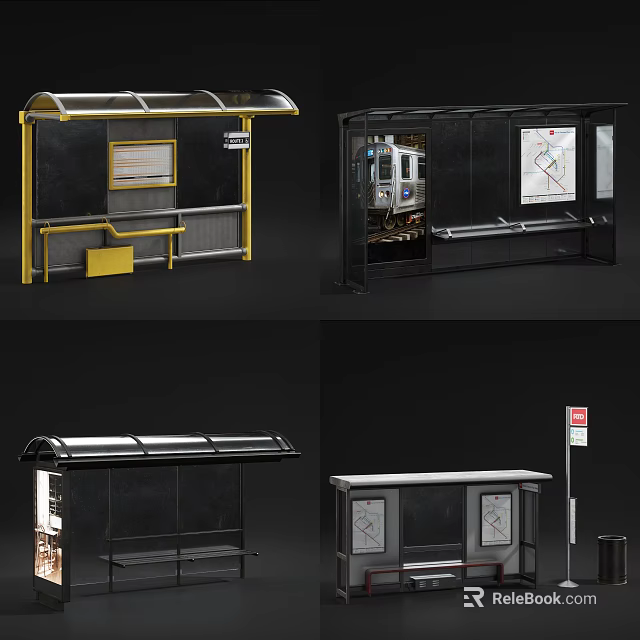 Modern Bus Stop Shelter With Seats Information Board Map And Different Designs 3d model 