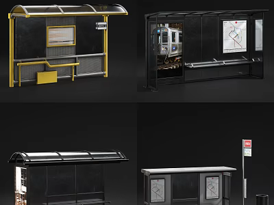 Modern Bus Stop Shelter With Seats Information Board Map And Different Designs 3d model