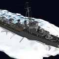 Large Gray Warship With Tall Mast And Naval Guns In Snowy Icy Sea