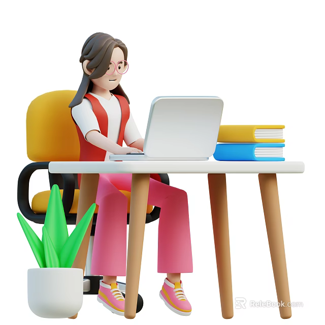 Woman Working On Laptop At Desk With Yellow Chair Stack Of Books And Green Plant 3d model 