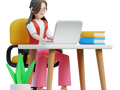 Woman Working On Laptop At Desk With Yellow Chair Stack Of Books And Green Plant 3d model