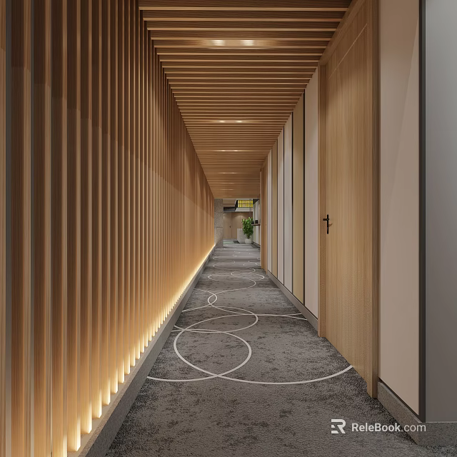 Modern Hotel Corridor With Wooden Panel Walls Lighting Strips Floor Patterns And Green Plants 3d model 