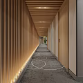 Modern Hotel Corridor With Wooden Panel Walls Lighting Strips Floor Patterns And Green Plants
