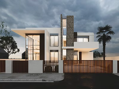 Modern Detached Villa Exterior With Large Glass Windows Stone Wall Palm Tree And Front Fence 3d model