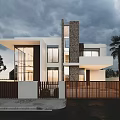 Modern Detached Villa Exterior With Large Glass Windows Stone Wall Palm Tree And Front Fence