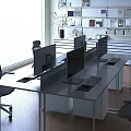 Modern Office Interior Design With Work Desks Computers Office Chairs Window Blinds And Storage Cabinets