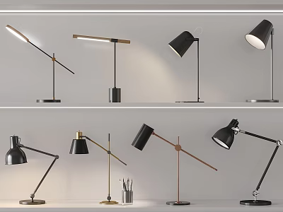 Modern Table Lamps Collection With Adjustable Arms And Metal Bases On Shelf 3d model