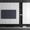 Modern TV Background Cabinet With White Grey Panels Wooden Base TV Screen And Decorative Items
