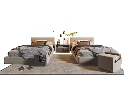Modern Single Bed Bedroom Interior with Upholstered Headboard Cozy Bedding and Nightstand Table Lamp 3d model