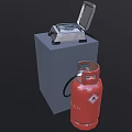Stainless Steel Toaster With Open Lid And Red Gas Cylinder As Kitchen Appliances