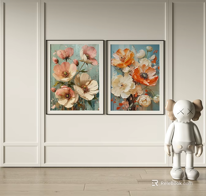 Two Abstract Floral Paintings With Pink And Orange Flowers Hanging On Wall And White Figurine 3d model 