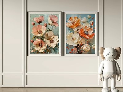 Two Abstract Floral Paintings With Pink And Orange Flowers Hanging On Wall And White Figurine 3d model