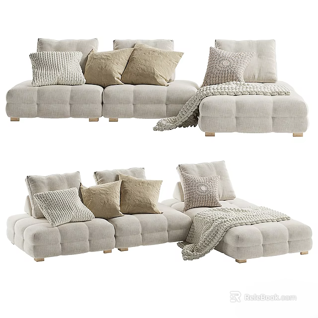 Modern Beige Linen Sectional Sofa with Multiple Decorative Cushions and Cozy Throw Blanket 3d model