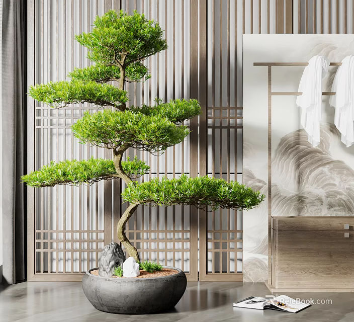 Bonsai Plant with Curved Trunk Green Needles Stones in Pot and Wooden Lattice Landscape Painting 3d model 