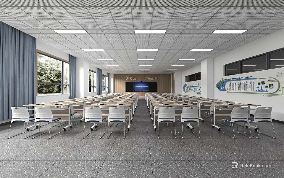 School Classroom With Rows of Desks Chairs Large Screen Windows and Wall Charts 3d model 