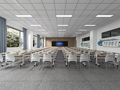 School Classroom With Rows of Desks Chairs Large Screen Windows and Wall Charts 3d model