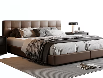 Modern Italian Double Bed Leather Double Bedside Table Bedside Chandelier Bedside Ornaments Table Lamp 3d model