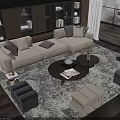 Modern Beige Sectional Sofa and Round Wooden Coffee Table Set with Ottomans and Rug