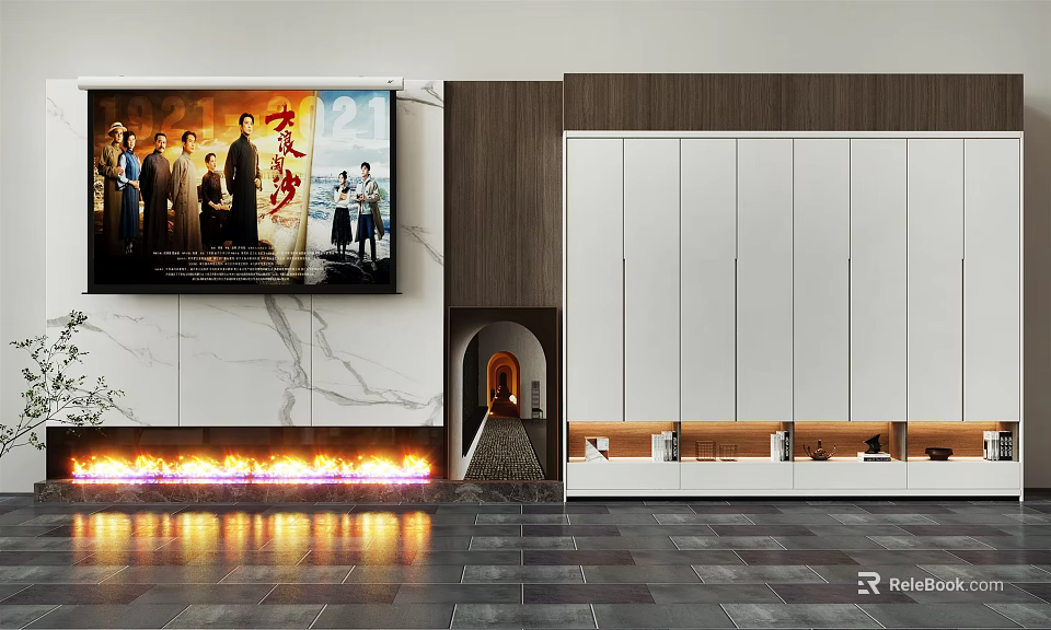 Modern TV Background Wall With Marble Panel White Cabinet And Fireplace Lighting Design 3d model